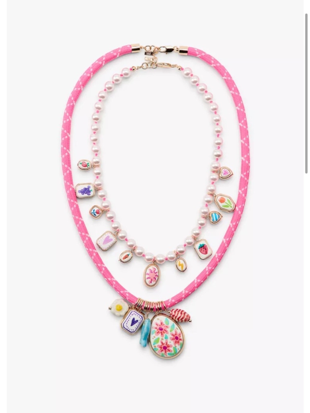 Zara Pink Cord & Pearl Multi-Charm Necklace